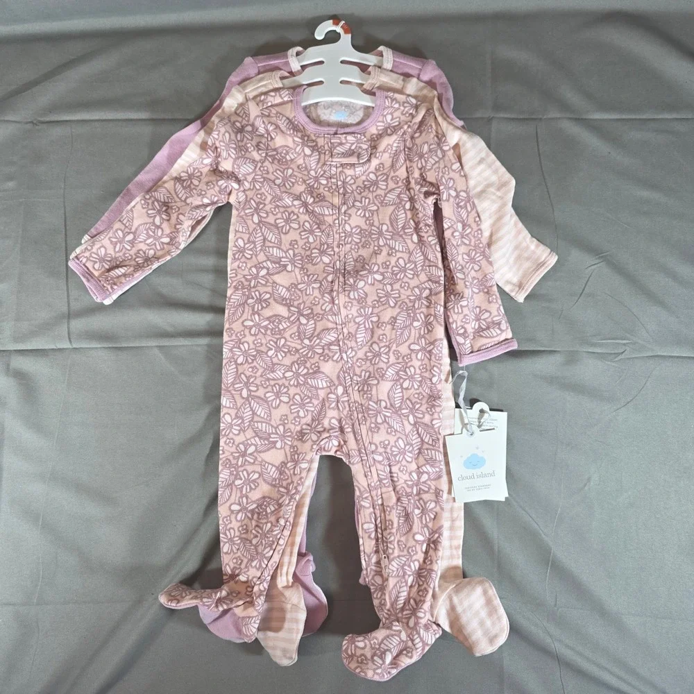 Cloud Island Baby Girls 3-Pack Cotton Sleep and Play Floral Stripe Pink 6-9M